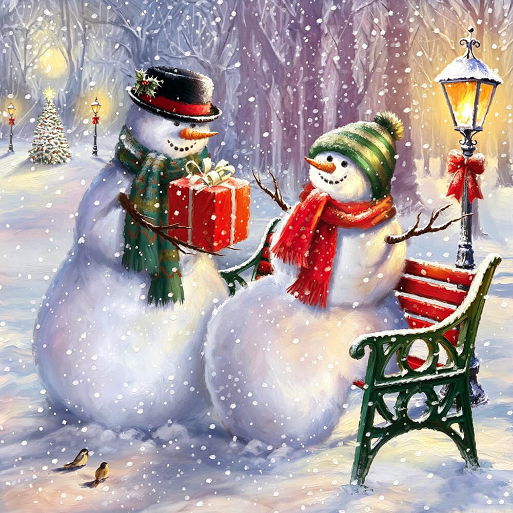 Snowmen couple with gift on a bench paint by numbers kit for beginners