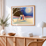 Snowmen kissing under the mistletoe paint by numbers artwork displayed on wall as home decor