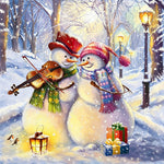 Snowmen playing violin in winter cross stitch kit for beginners