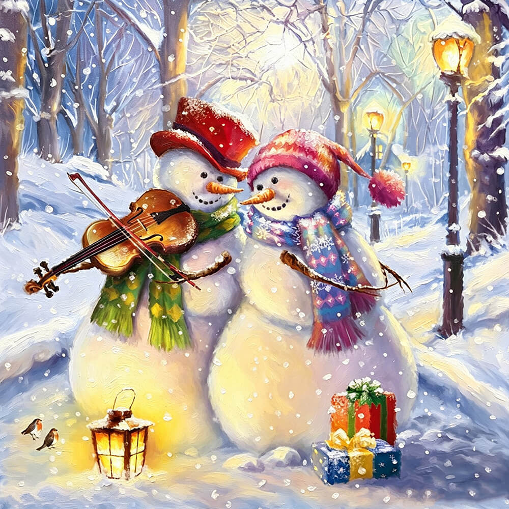 Snowmen playing violin in winter cross stitch kit for beginners