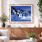 Finished snowmen posting a letter to santa cross stitch artwork displayed