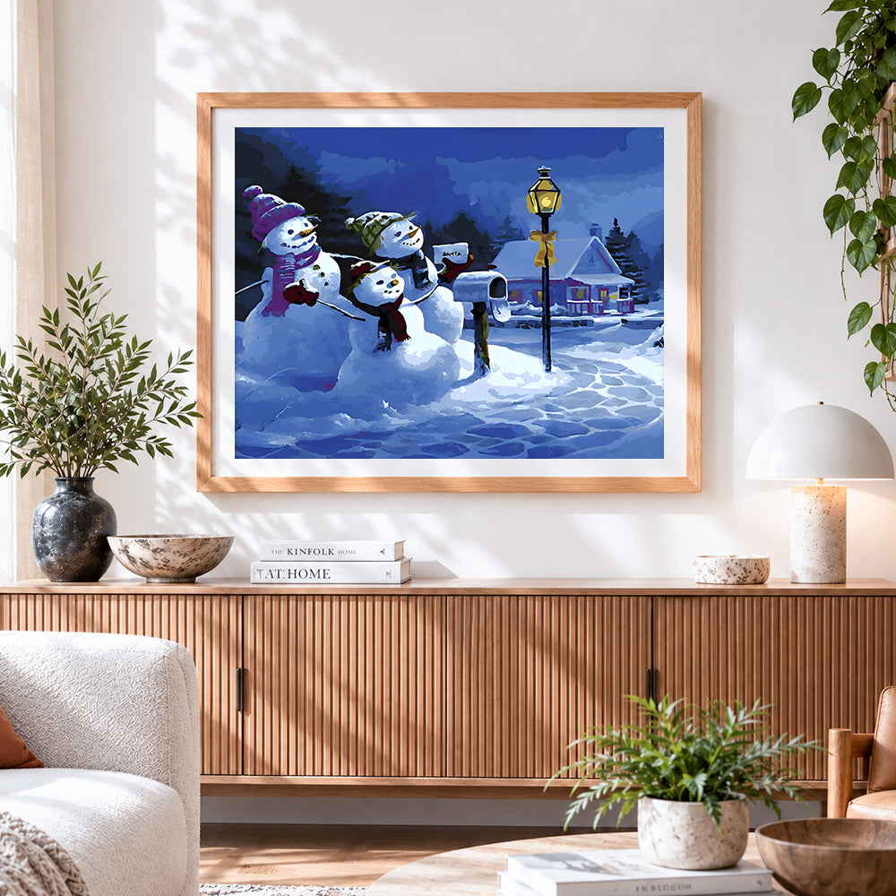 Finished snowmen posting a letter to santa cross stitch artwork displayed