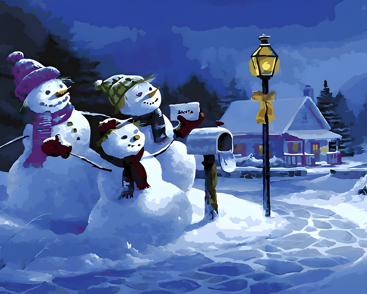 Snowmen posting a letter to santa cross stitch kit for beginners