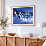 Snowmen posting a letter to santa cross stitch artwork displayed on wall as home decor