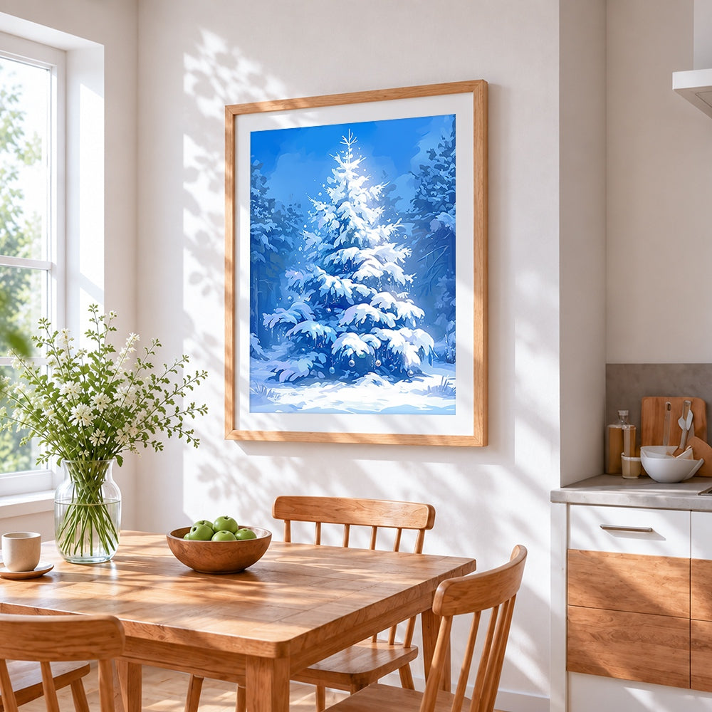 Snowy blue christmas tree cross stitch artwork displayed on wall as home decor