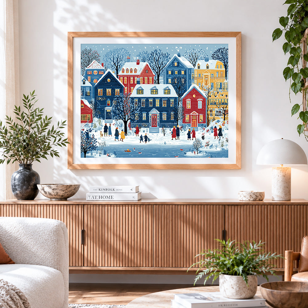 Finished snowy blue town and pedestrians paint by numbers artwork displayed as home decor