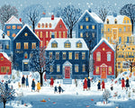 Snowy blue town and pedestrians paint by numbers kit for beginners