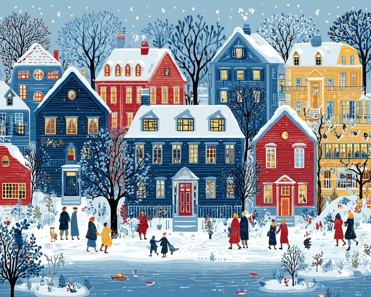 Snowy blue town and pedestrians paint by numbers kit for beginners
