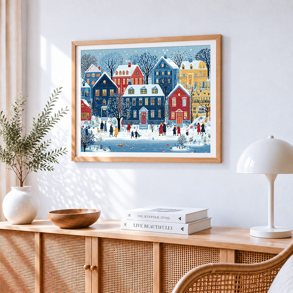 Snowy blue town and pedestrians paint by numbers artwork displayed on wall as home decor