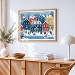 Snowy blue town and pedestrians paint by numbers artwork displayed on wall as home decor