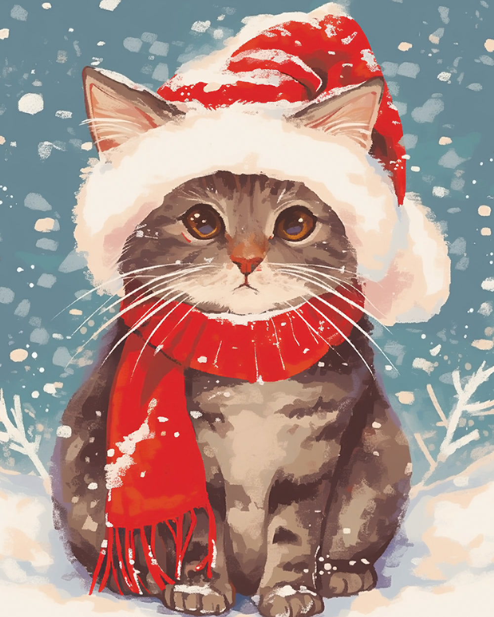 Snowy cat with red santa scarf cross stitch kit for beginners