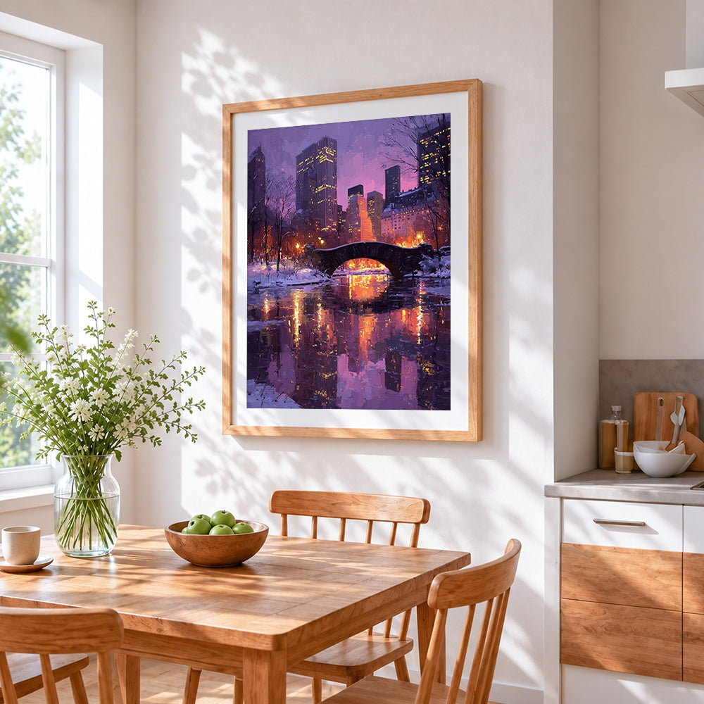 Snowy central park bridge cross stitch artwork displayed on wall as home decor