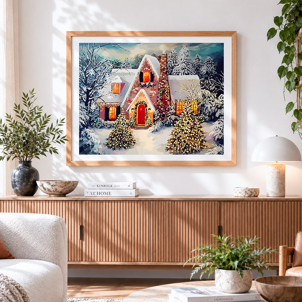 Finished snowy christmas cottage with warm glowing lights cross stitch artwork displayed