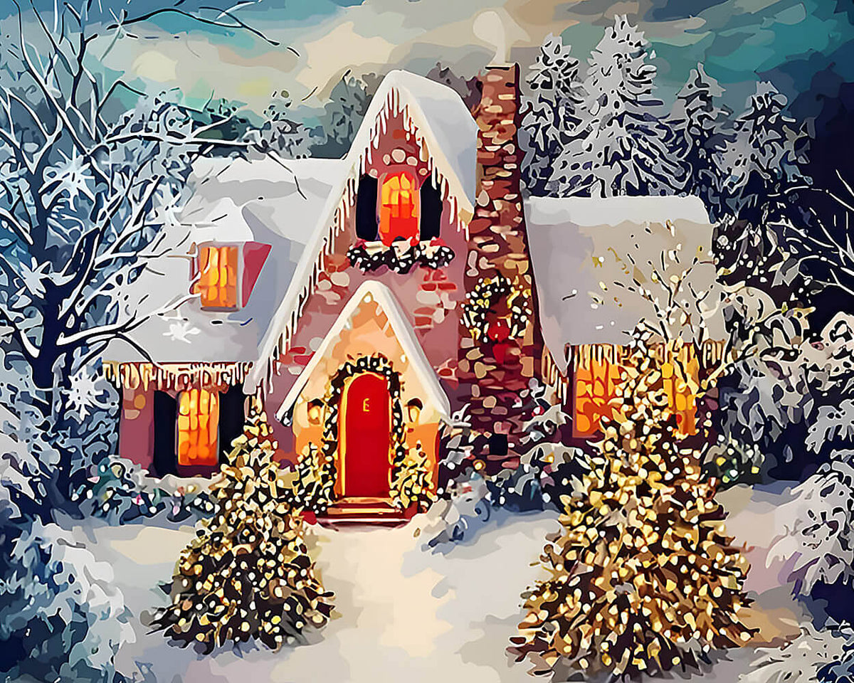 Snowy christmas cottage with warm glowing lights cross stitch kit for beginners
