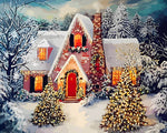 Snowy christmas cottage with warm glowing lights cross stitch kit for beginners