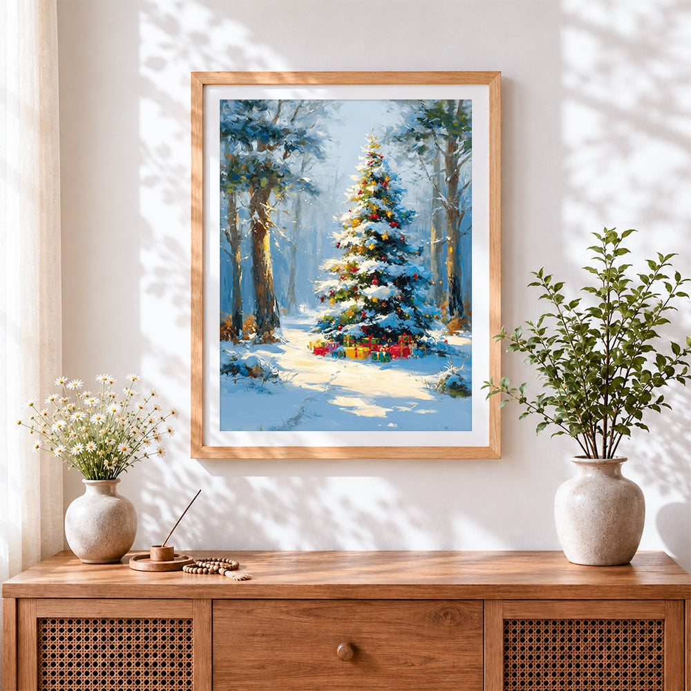 Finished snowy christmas tree and presents cross stitch artwork displayed