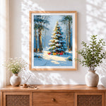Finished snowy christmas tree and presents cross stitch artwork displayed