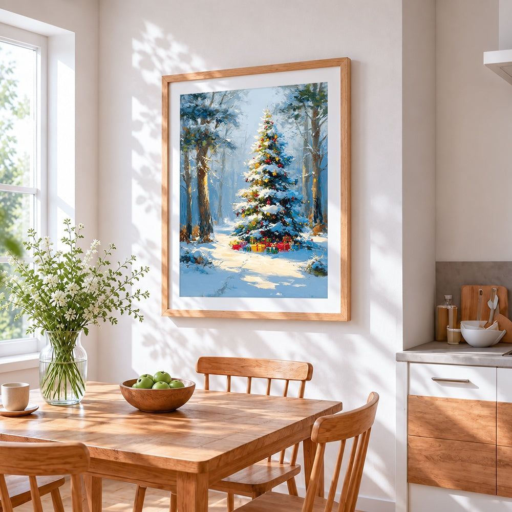 Snowy christmas tree and presents cross stitch artwork displayed on wall as home decor
