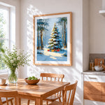 Snowy christmas tree and presents cross stitch artwork displayed on wall as home decor