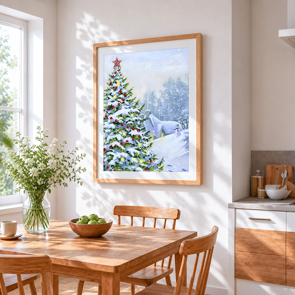 Snowy christmas tree and snowman cross stitch artwork displayed on wall as home decor