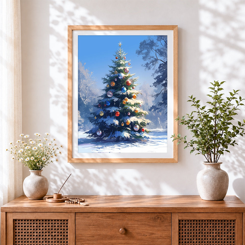 Finished snowy christmas tree in winter forest cross stitch artwork displayed