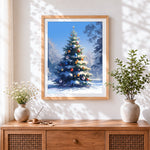 Finished snowy christmas tree in winter forest cross stitch artwork displayed
