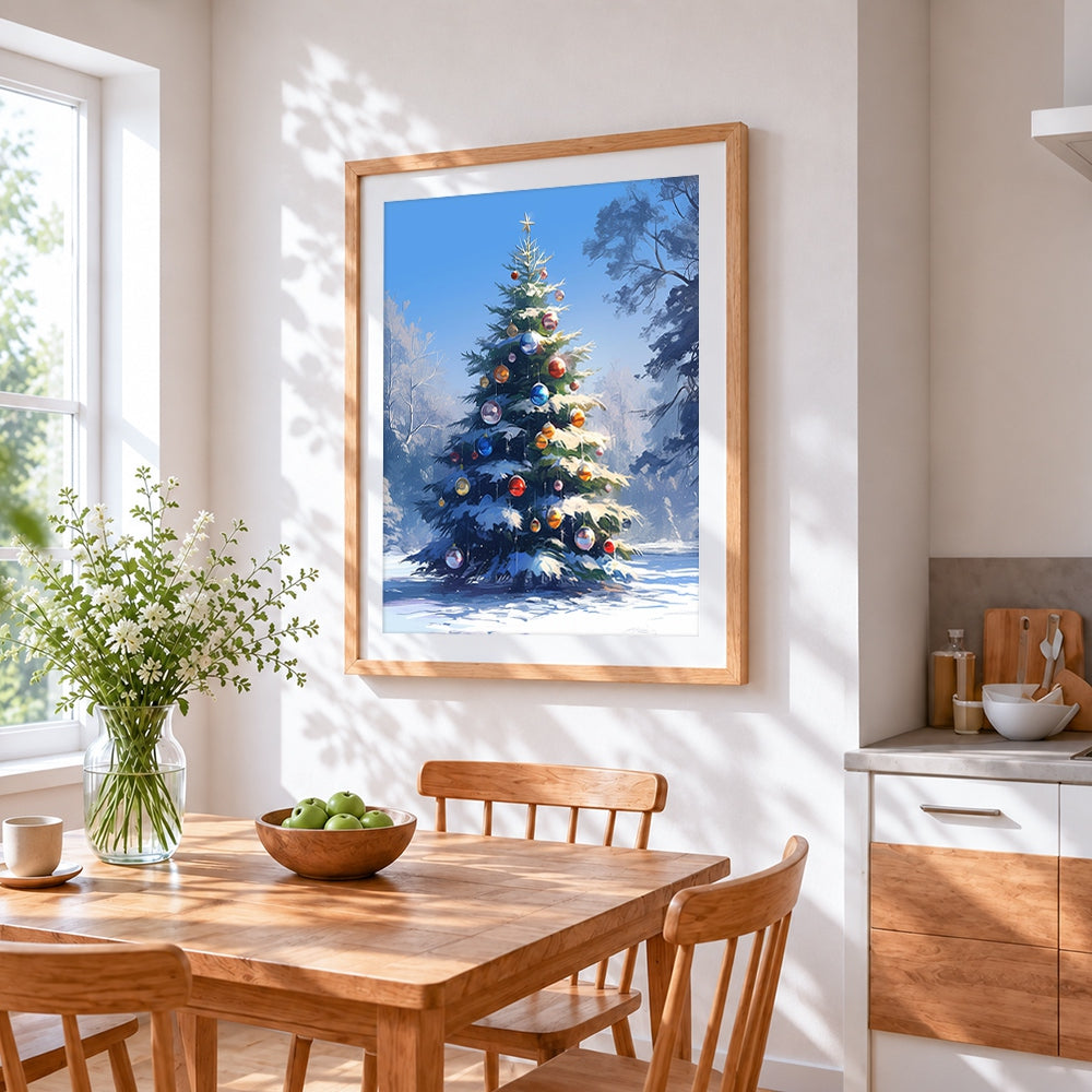 Snowy christmas tree in winter forest cross stitch artwork displayed on wall as home decor