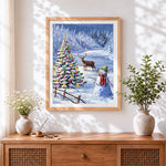 Finished snowy christmas tree, reindeer and snowman cross stitch artwork displayed