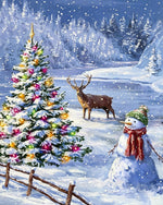 Snowy christmas tree, reindeer and snowman cross stitch kit for beginners
