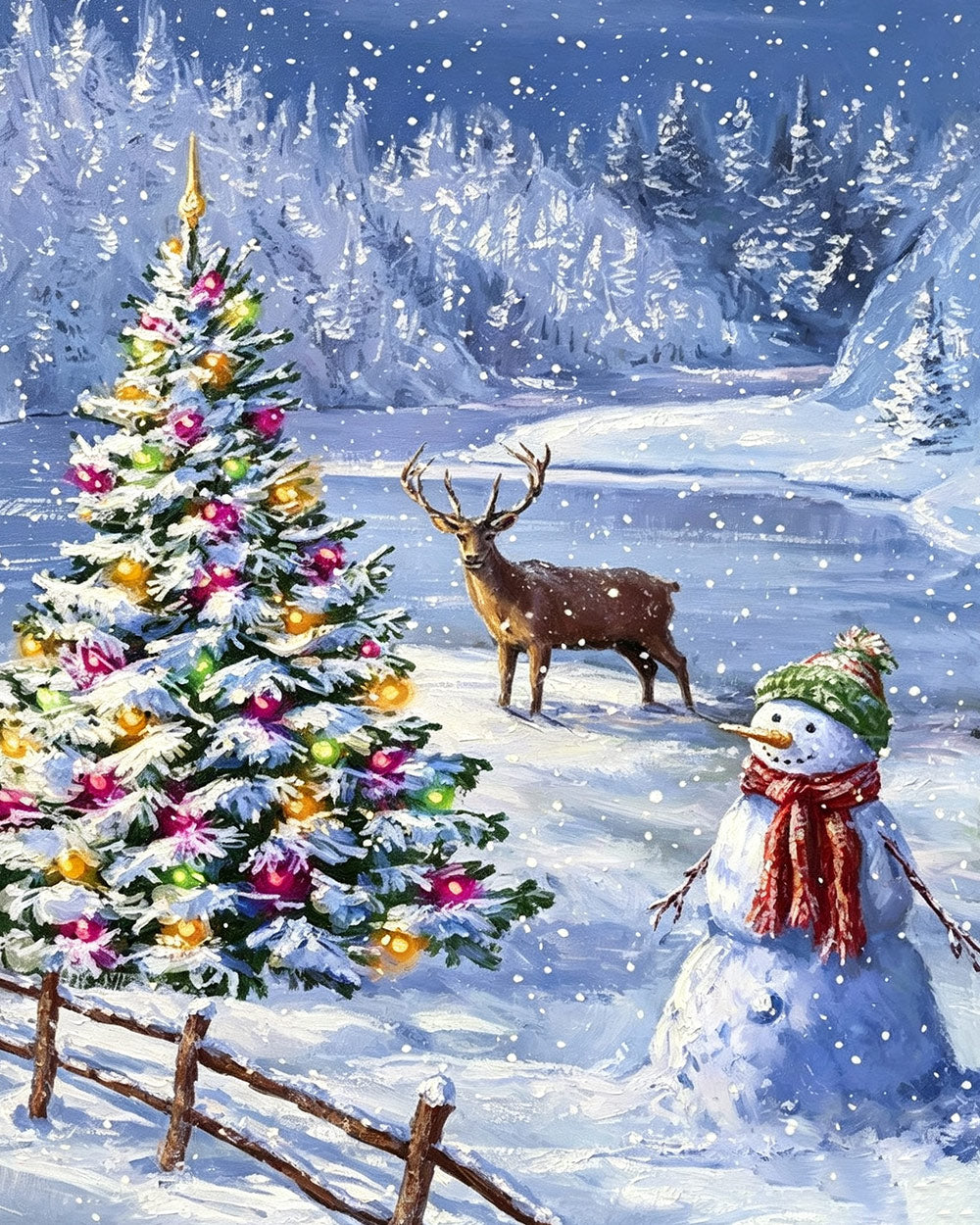 Snowy christmas tree, reindeer and snowman cross stitch kit for beginners