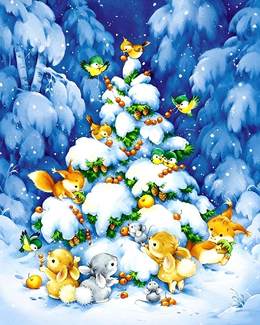 Snowy christmas tree with woodland animals cross stitch kit for beginners