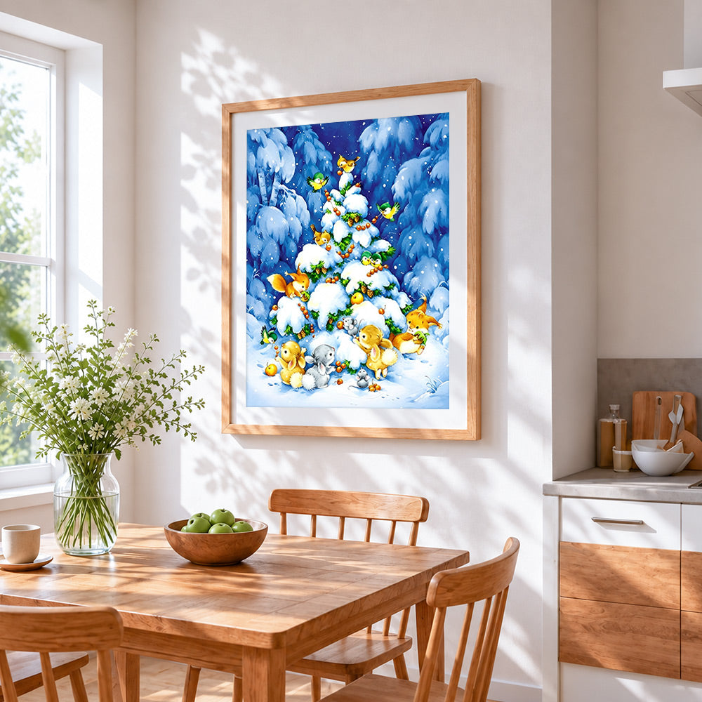 Snowy christmas tree with woodland animals cross stitch artwork displayed on wall as home decor