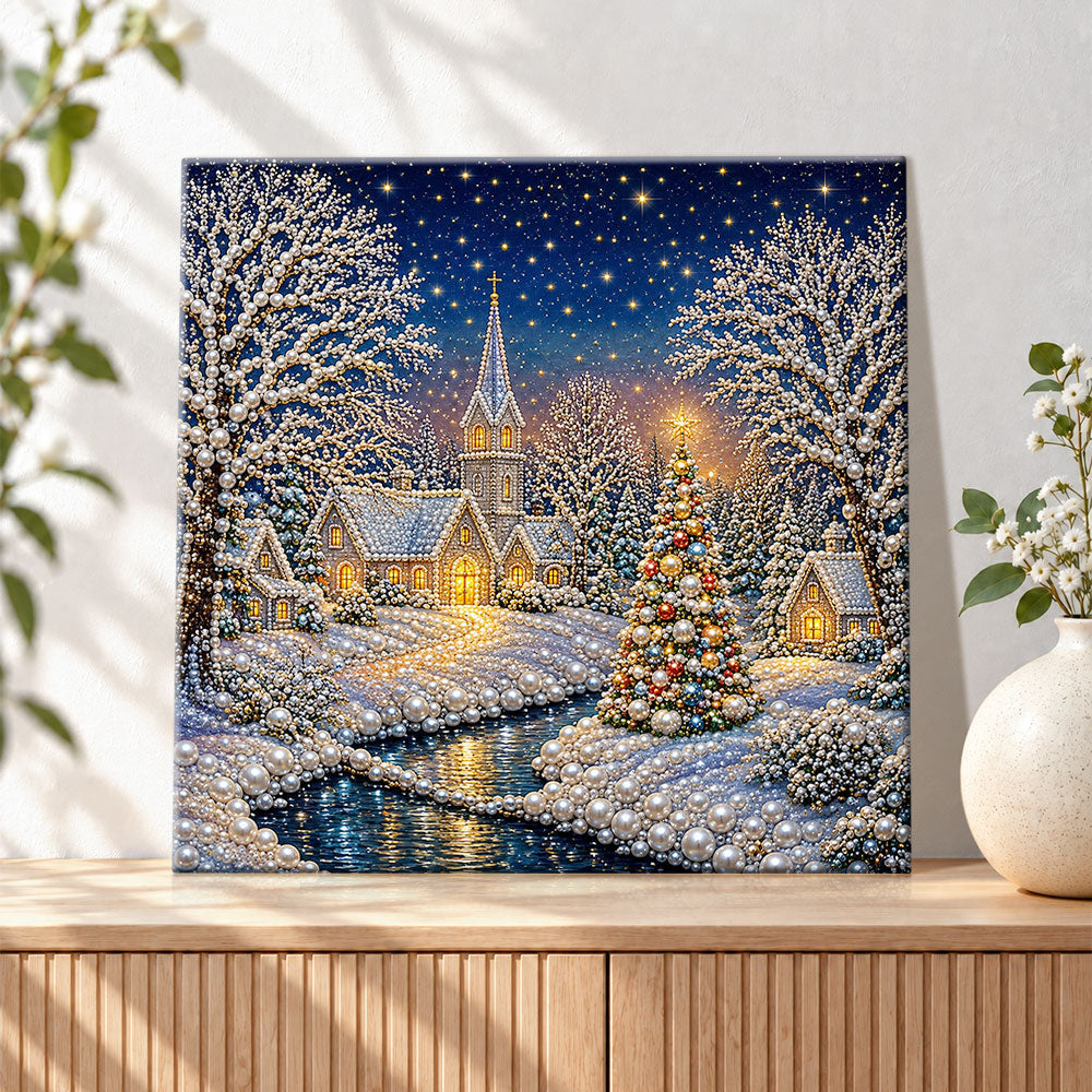 Finished snowy christmas village church pearl diamond painting artwork displayed as holiday home decor