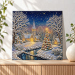 Finished snowy christmas village church pearl diamond painting artwork displayed as holiday home decor