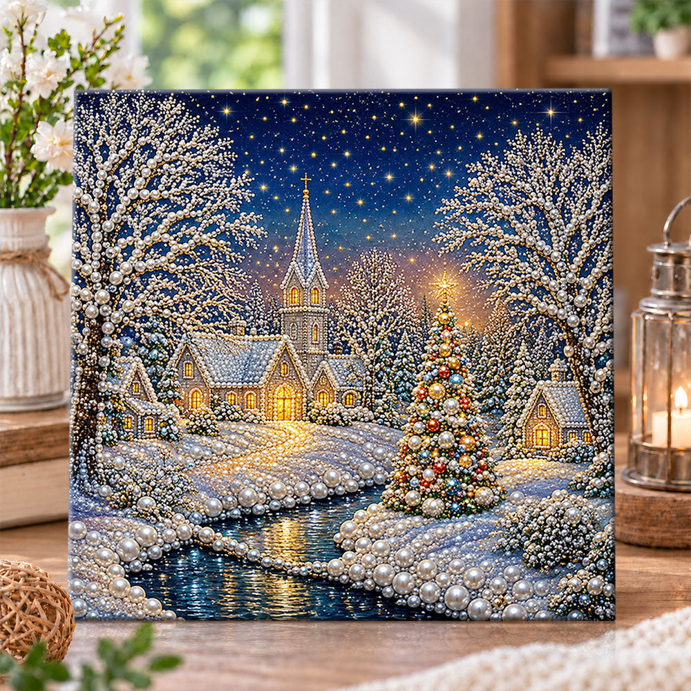 Snowy christmas village church pearl diamond painting kit for beginners