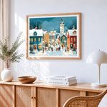 Snowy christmas village paint by numbers artwork displayed on wall as home decor