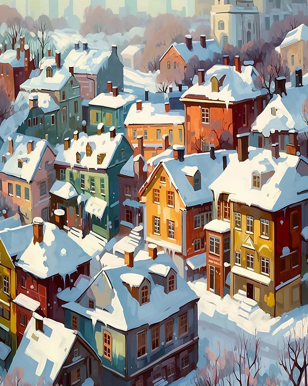 Snowy colourful village rooftops cross stitch kit for beginners