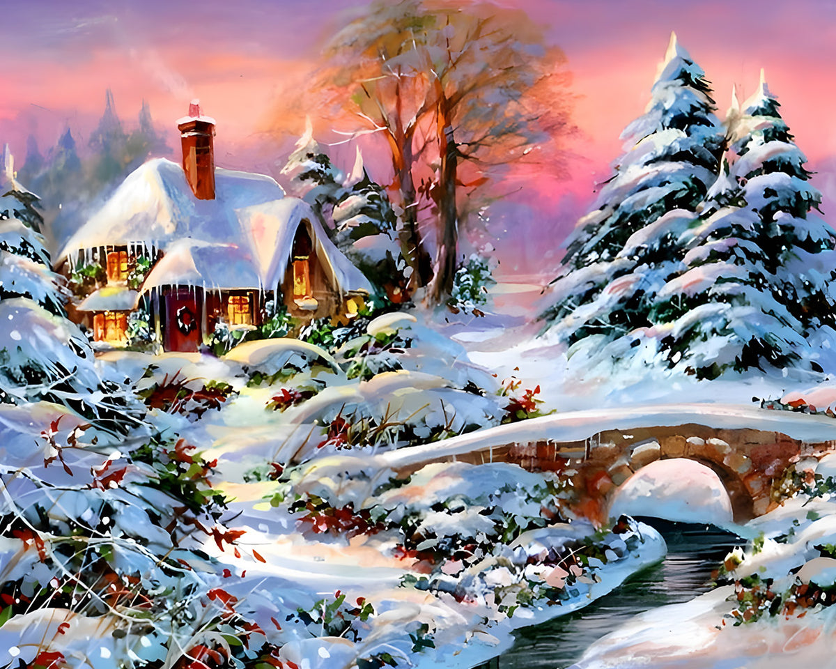 Snowy cottage and bridge at sunset cross stitch kit for beginners