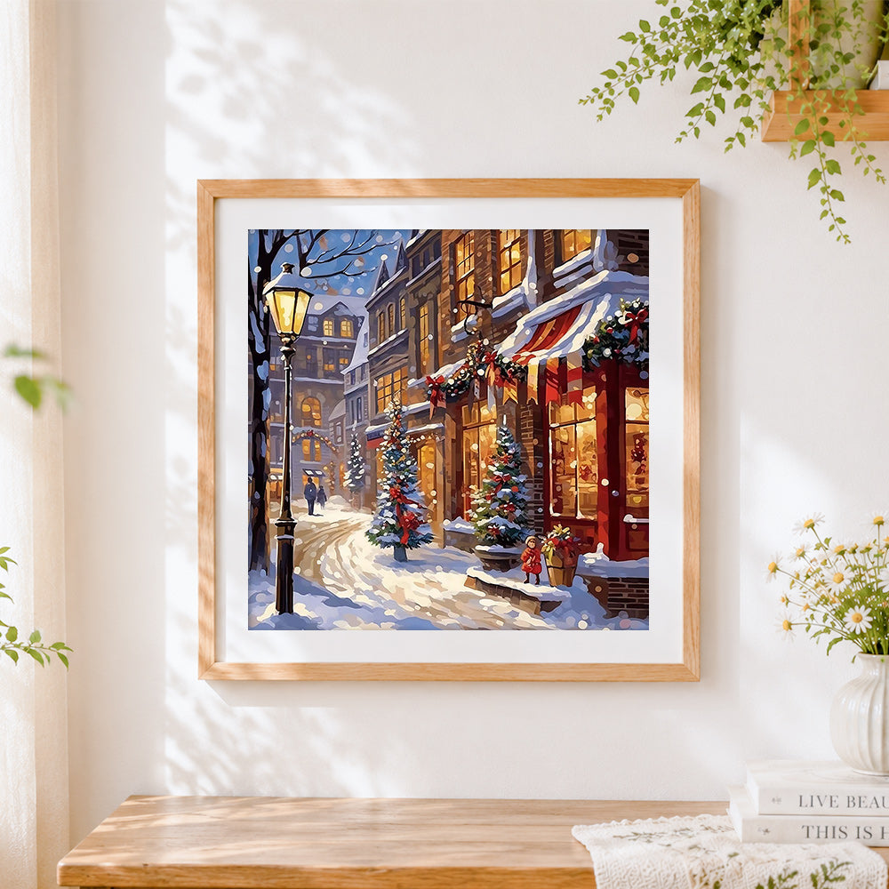Finished snowy european shop street at dusk cross stitch artwork displayed