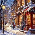 Snowy european shop street at dusk cross stitch kit for beginners