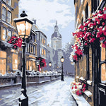 Snowy european street cross stitch kit for beginners