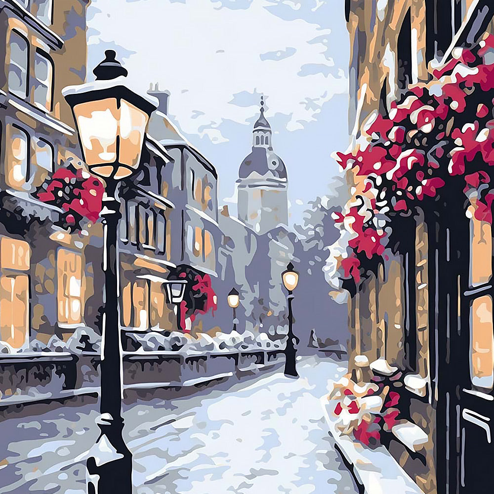 Snowy european street cross stitch kit for beginners