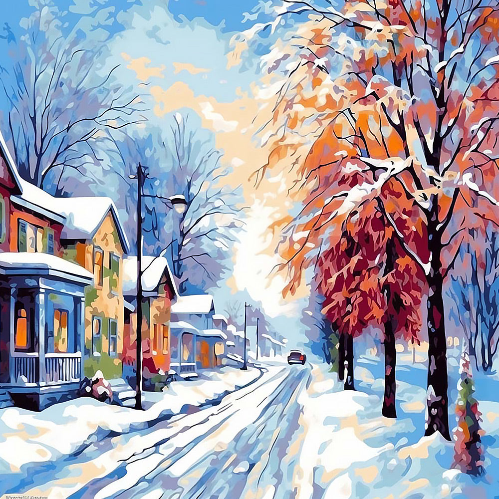 Snowy european street with trees cross stitch kit for beginners