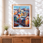 Finished snowy european town with towers cross stitch artwork displayed