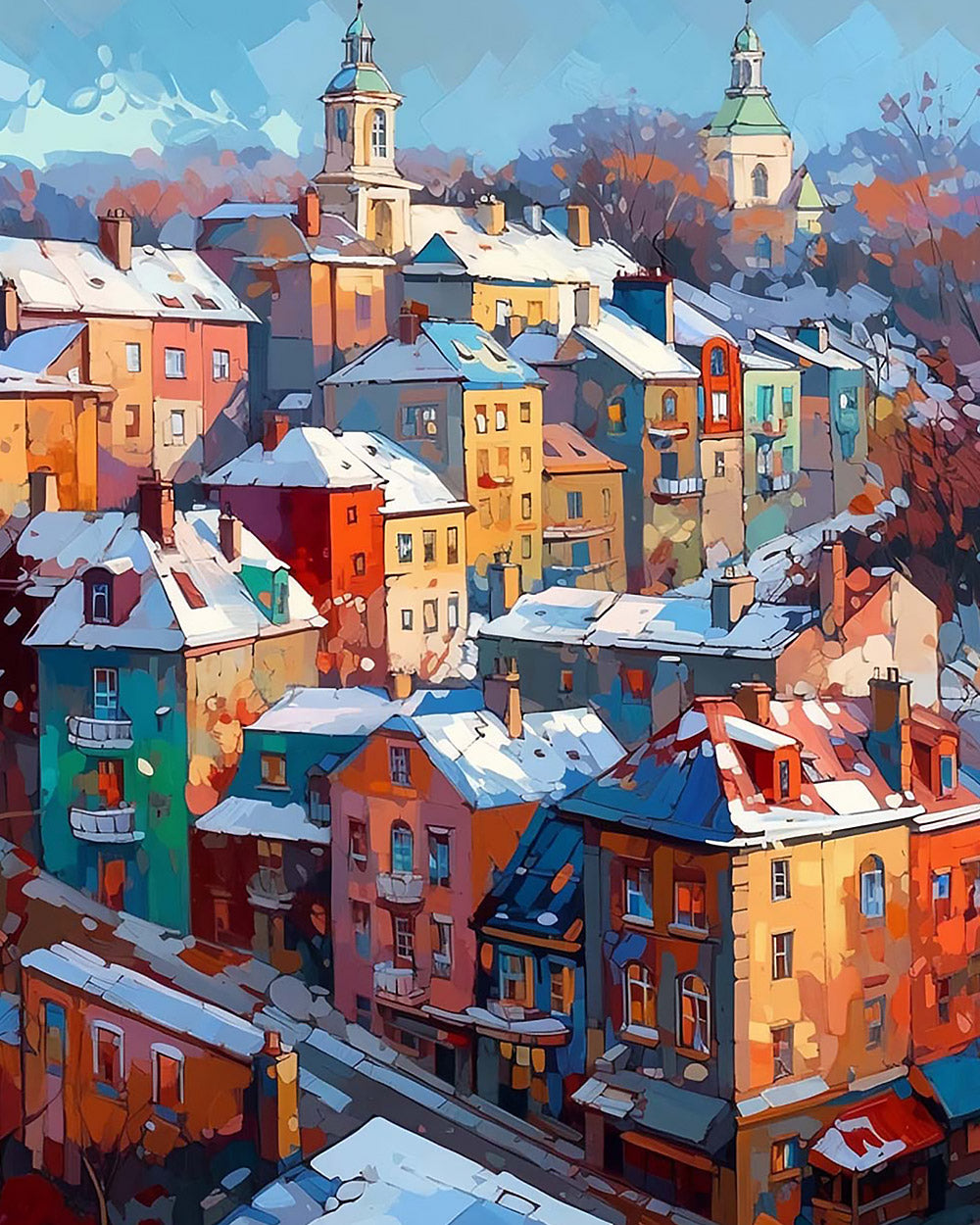 Snowy european town with towers cross stitch kit for beginners