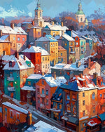 Snowy european town with towers cross stitch kit for beginners