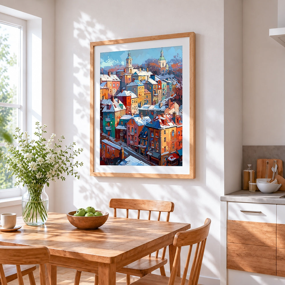 Snowy european town with towers cross stitch artwork displayed on wall as home decor
