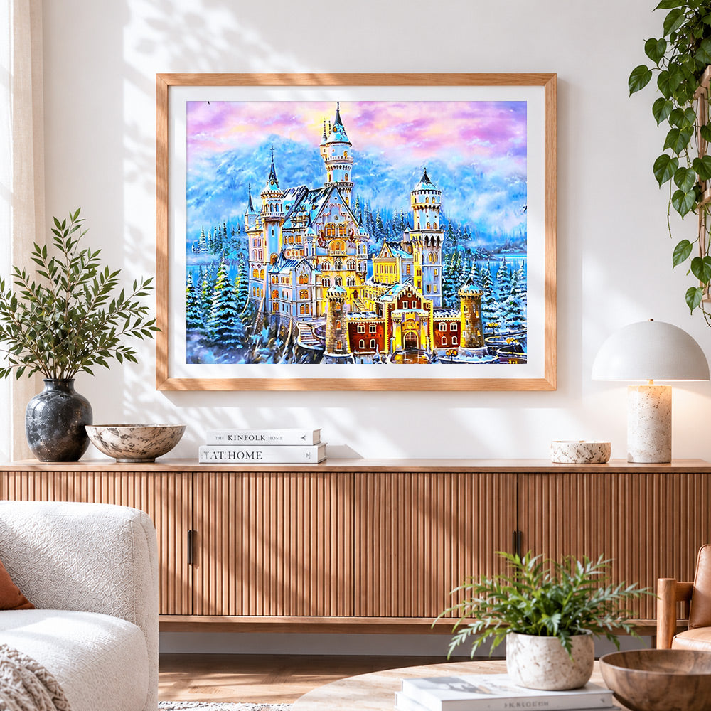 Finished snowy fairytale castle cross stitch artwork displayed