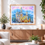 Finished snowy fairytale castle cross stitch artwork displayed