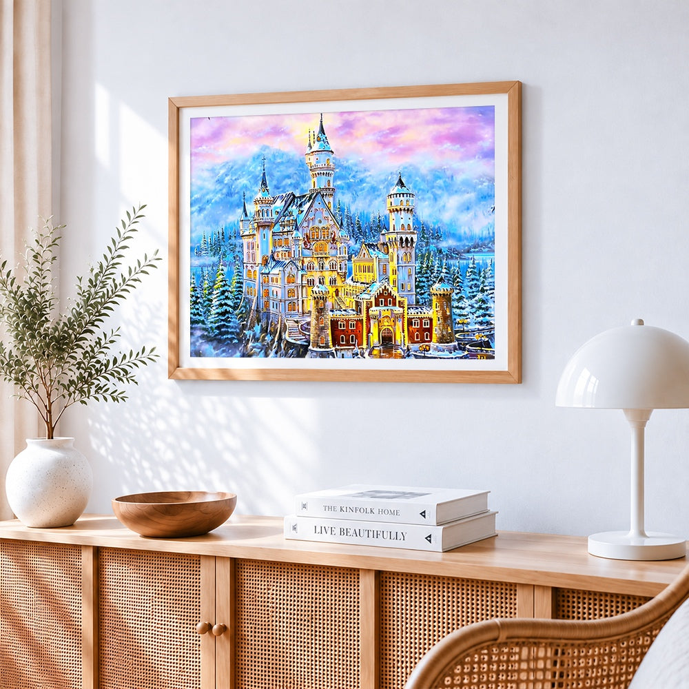 Snowy fairytale castle cross stitch artwork displayed on wall as home decor